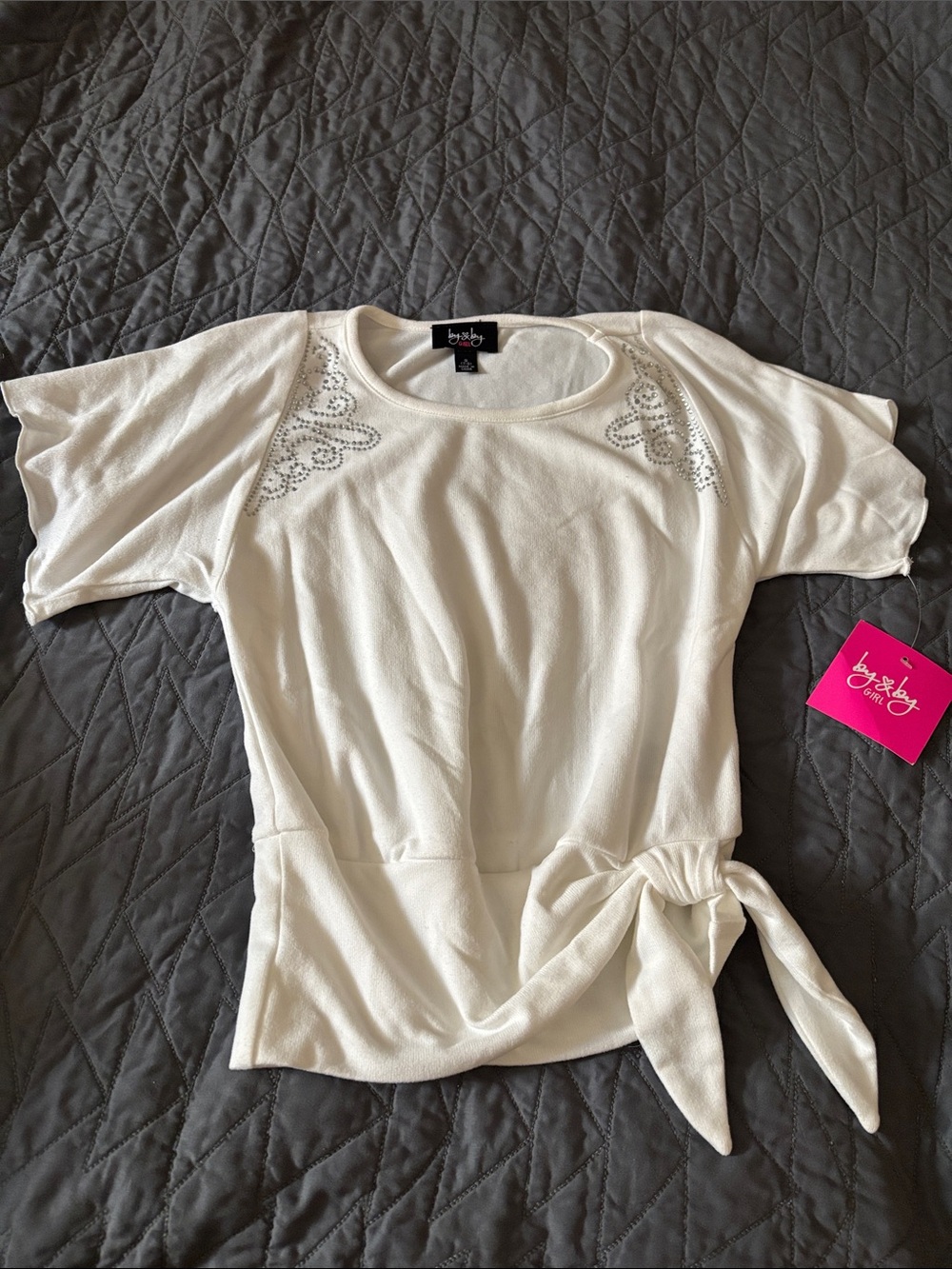 NWT by & by White Short-Sleeve Tie-Waist Top with Shoulder Embellishments 7-8 S